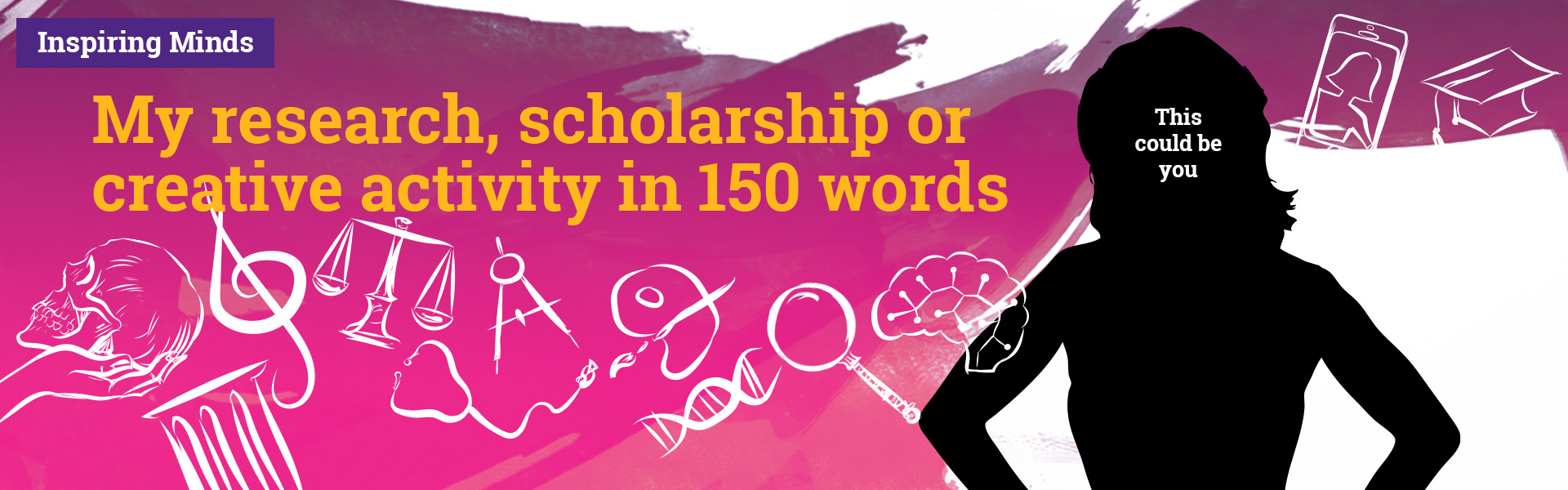 Text that says "Inspiring Minds: My research, scholarship or creative activity in 150 words"