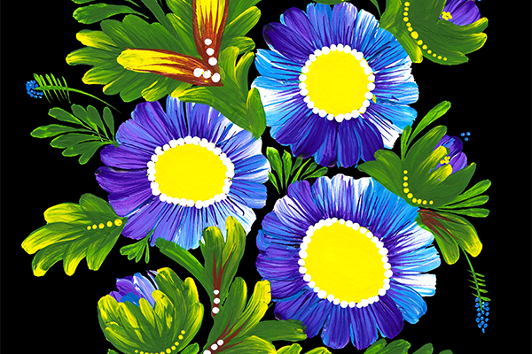 blue flowers with bright yellow center surrounded by bright green leaves