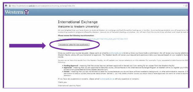 screenshot of information for acceptance letter for visa application
