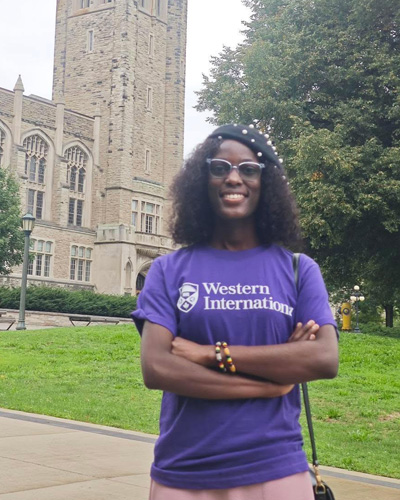 Esther near the Chu International Centre on campus