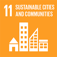 11. Sustainable Cities and Communities. Four buildings beside each other, a house and three apartment buildings.