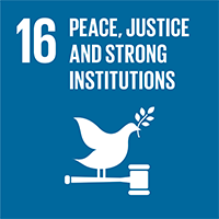 16. Peace, Justice and Strong Institutions. A dove holding a fig branch in it's beak and a gavel in its claws.