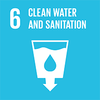 6. Clean Water and Sanitation. A glass of water with a water drop symbol in the center, an arrow pointing down out of the bottom of the glass.